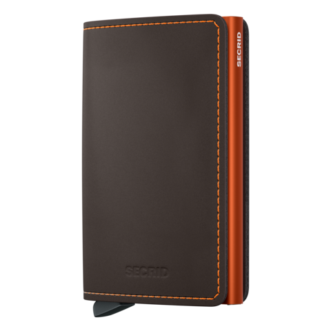 A slim wallet with a matte truffle brown finish and an orange accent. The brand 'Secrid' is visible on the wallet.
