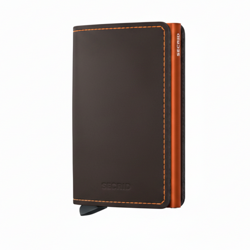 A slim wallet with a matte truffle brown finish and an orange accent. The brand 'Secrid' is visible on the wallet.