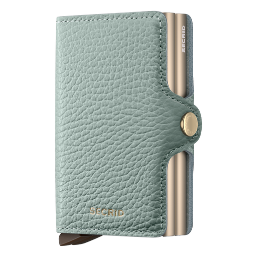 Light blue wallet with gold accents on a white background