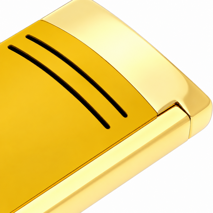 A close-up of an S. T. Dupont Maxijet torch lighter featuring a glossy-honey yellow lacquer finish and polished lacquer accents, featuring a sleek curved body with an ergonomic design. Model 020175
