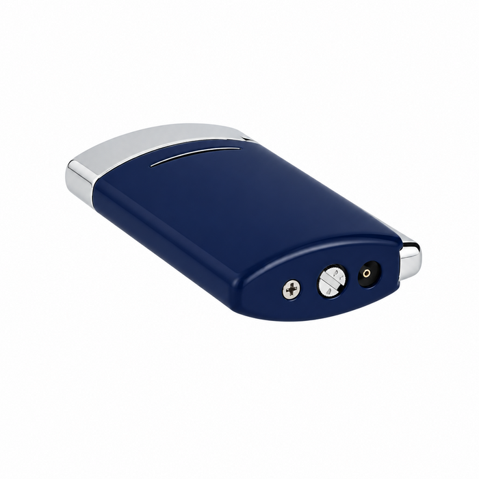S. T. Dupont Minijet Lighter in navy blue lacquer and polished chrome accents. A small pocket lighter featuring a sleek and ergonomic design, the fuel-refill valve and the flame adjustment screw. A luxury torch lighter, perfect for cigar smoking. Model 010811