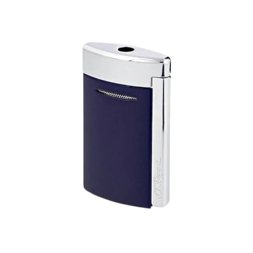 S. T. Dupont Minijet Lighter in navy blue lacquer and polished chrome accents. A small pocket lighter featuring a sleek and ergonomic design. A luxury torch lighter, perfect for cigar smoking. Model 010811