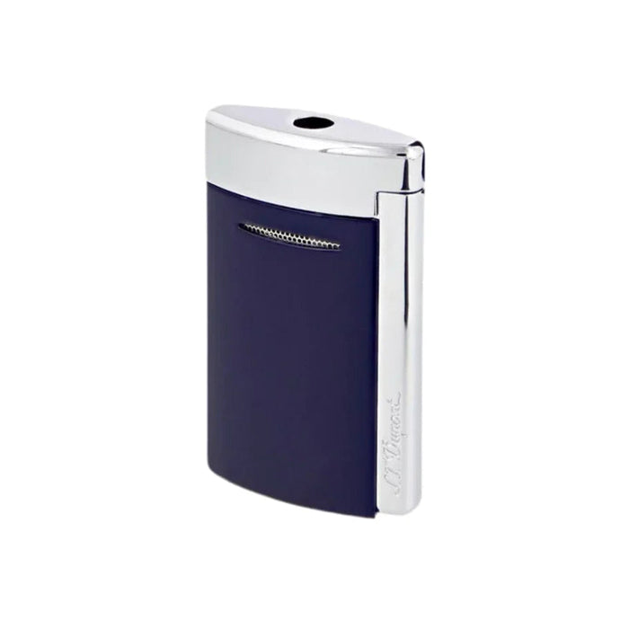 S. T. Dupont Minijet Lighter in navy blue lacquer and polished chrome accents. A small pocket lighter featuring a sleek and ergonomic design. A luxury torch lighter, perfect for cigar smoking. Model 010811