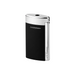 A sleek shiny black  S. T. Dupont Minijet lighter with polished chrome-finish accents. A pocket-size luxury lighter with a vertically integrated side-squeeze ignition trigger and a compact, ergonomic design. Model 010885