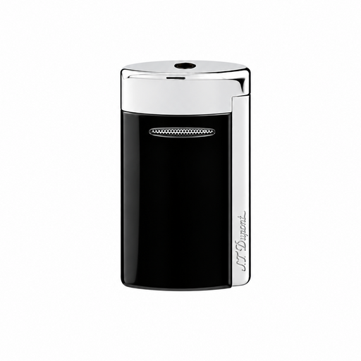 A sleek shiny black  S. T. Dupont Minijet lighter with polished chrome-finish accents. A pocket-size luxury lighter with a vertically integrated side-squeeze ignition trigger and a compact, ergonomic design. Model 010885