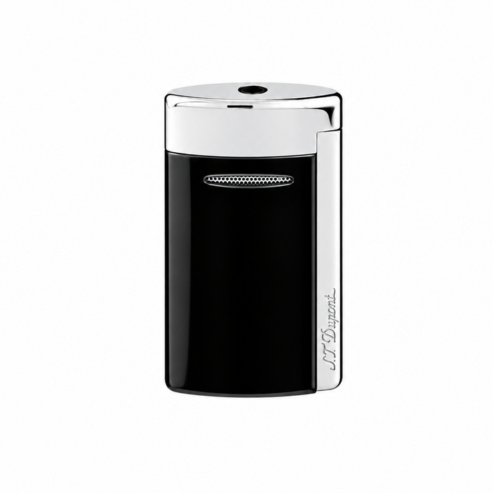 A sleek shiny black  S. T. Dupont Minijet lighter with polished chrome-finish accents. A pocket-size luxury lighter with a vertically integrated side-squeeze ignition trigger and a compact, ergonomic design. Model 010885