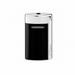 A sleek shiny black  S. T. Dupont Minijet lighter with polished chrome-finish accents. A pocket-size luxury lighter with a vertically integrated side-squeeze ignition trigger and a compact, ergonomic design. Model 010885