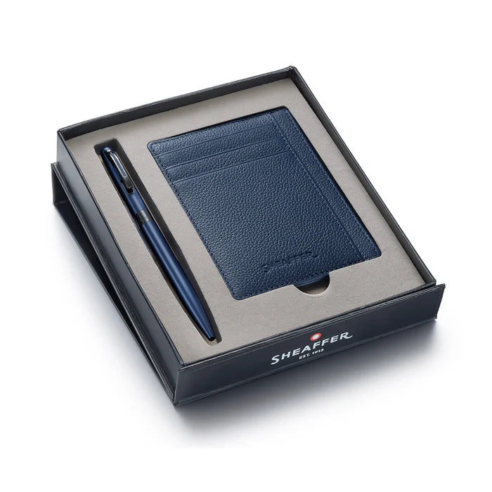Sheaffer Gift Set VFM Matte Blue Ballpoint Pen with Chrome Trim and Night Blue Credit Card Holder
