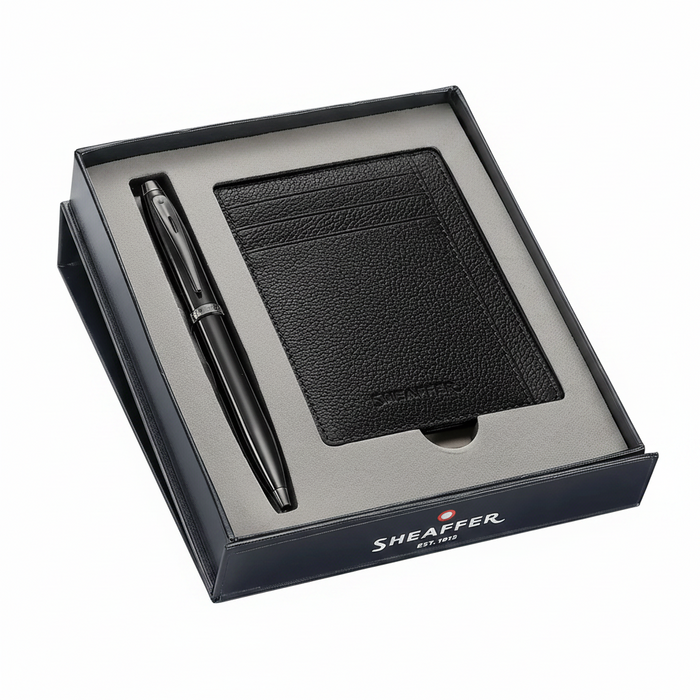 Sheaffer Gift Set 100 Ionic Gunmetal Grey Ballpoint Pen with Shiny PVD Trim and Black Credit Card Holder