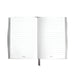 Open notebook with lined pages on a white background