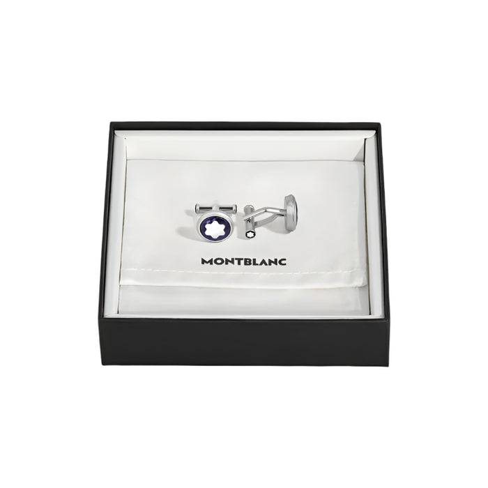 Montblanc cufflinks in a black and white box on a light gray background