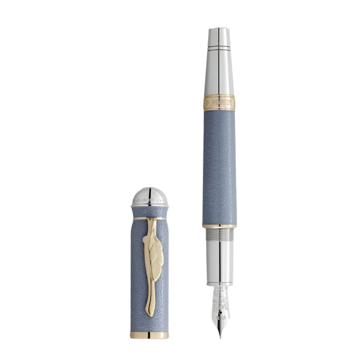 Montblanc Goethe Fountain pen with blue and silver design on a white background