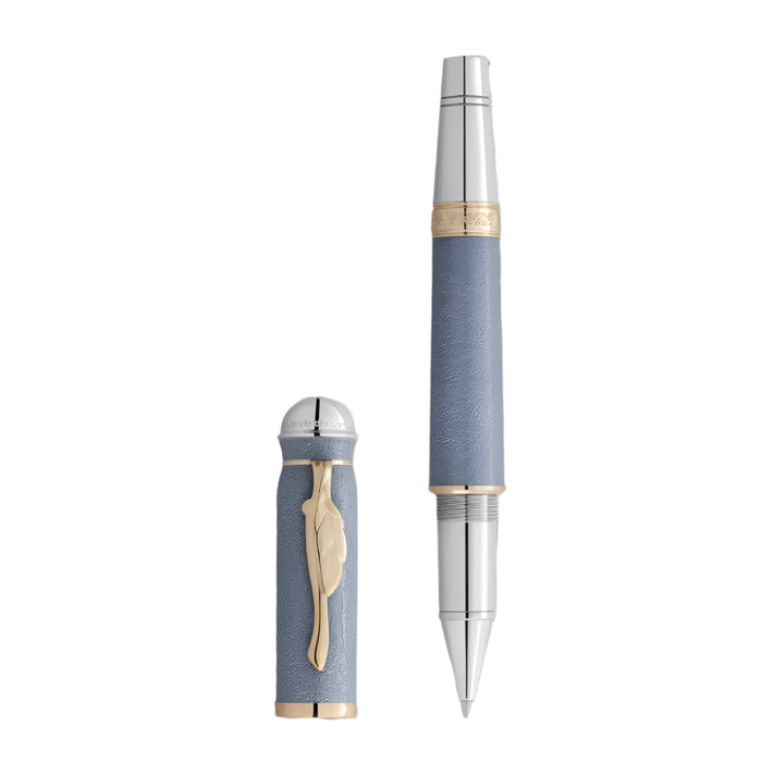 Montblanc Goethe Blue pen with silver and gold accents on a white background