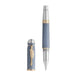 Montblanc Goethe Blue pen with silver and gold accents on a white background