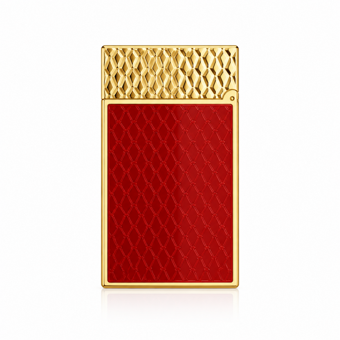 The back of a S. T. Dupont Line 2 Lighter with dragon-scale guilloche pattern under the glossy-burgundy red  lacquer and gold -plated lid and striker. Model C16626. A luxury soft-flame lighter for cigar smoking.