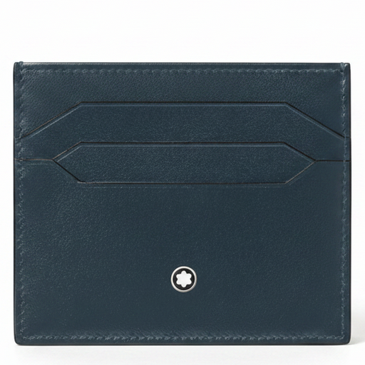 Blue leather cardholder with brand logo on a white background