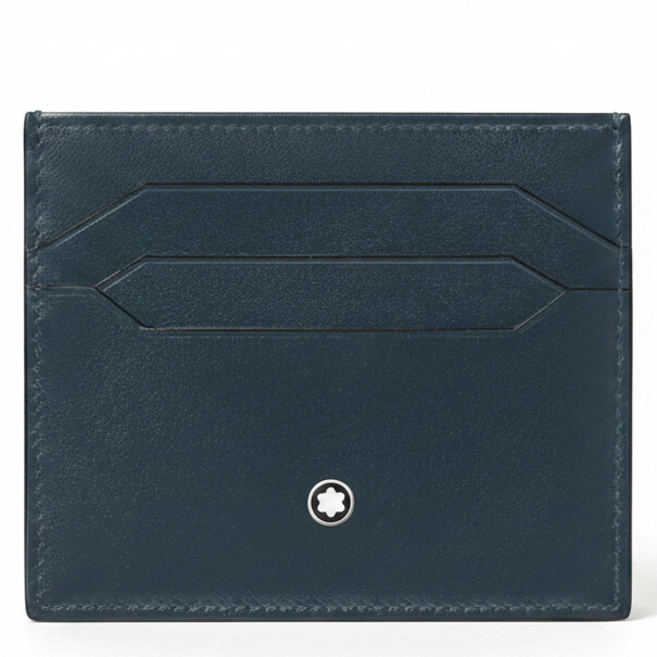 Blue leather cardholder with brand logo on a white background