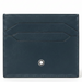 Blue leather cardholder with brand logo on a white background