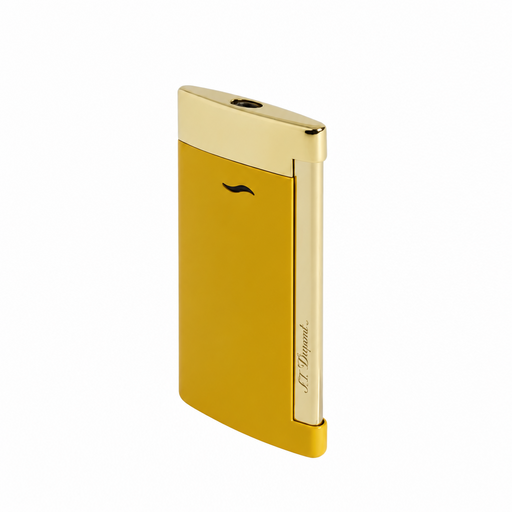 Ultra thin S. T. Dupont Slim 7 pocket-torch lighter, featuring a smooth and vibrant honey-yellow lacquer body and polished gold-toned accents and striker. A premium torch-flame lighter, perfect for cigar smoking. Model 027775