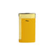 The back view of an ultra thin S. T. Dupont Slim 7 pocket-torch lighter, featuring a smooth and vibrant honey-yellow lacquer body and polished gold-toned accents and striker. A premium torch-flame lighter, perfect for cigar smoking. Model 027775