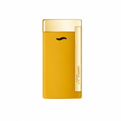 The front view of an ultra thin S. T. Dupont Slim 7 pocket-torch lighter, featuring a smooth and vibrant honey-yellow lacquer body and polished gold-toned accents and striker. A premium torch-flame lighter, perfect for cigar smoking. Model 027775