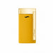 The front view of an ultra thin S. T. Dupont Slim 7 pocket-torch lighter, featuring a smooth and vibrant honey-yellow lacquer body and polished gold-toned accents and striker. A premium torch-flame lighter, perfect for cigar smoking. Model 027775