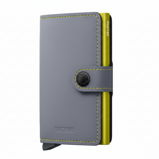 A gray leather wallet with a bright yellow-green side accent and matching contrast stitching, featuring a snap-button strap closure and the SECRID logo, shown on a plain white background.