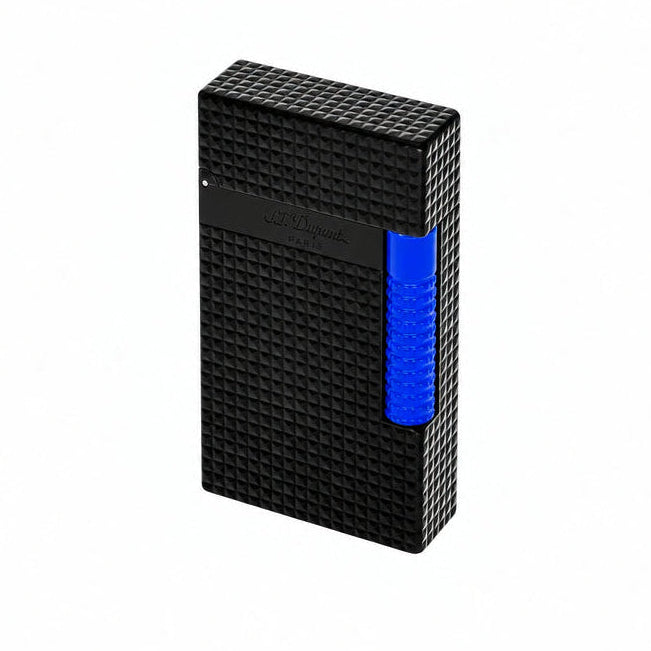 A diamond-head guilloche pattern black S. T. Dupont lighter with a blue striker. A luxury dual-flame lighter, perfect for cigar smoking. Model C23071