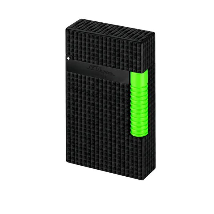 A diamond-head guilloche pattern S. T. Dupont black lighter with a fluorescent green striker. A luxury dual-flame lighter, perfect for cigar smoking. Model C23072