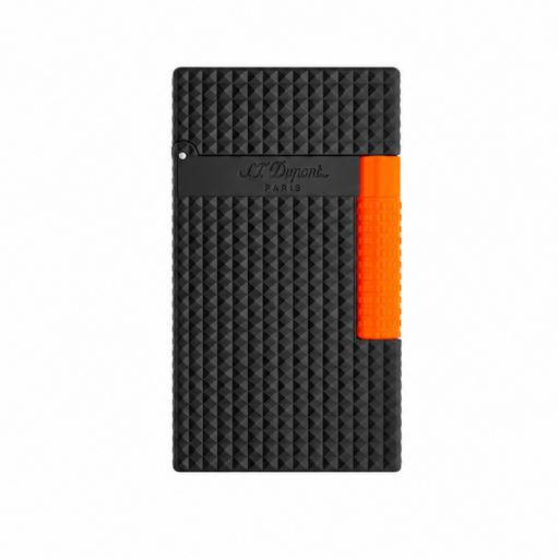 A diamond-head guilloche pattern S. T. Dupont black lighter with a fluorescent orange striker. A luxury dual-flame lighter, perfect for cigar smoking. Model C23069