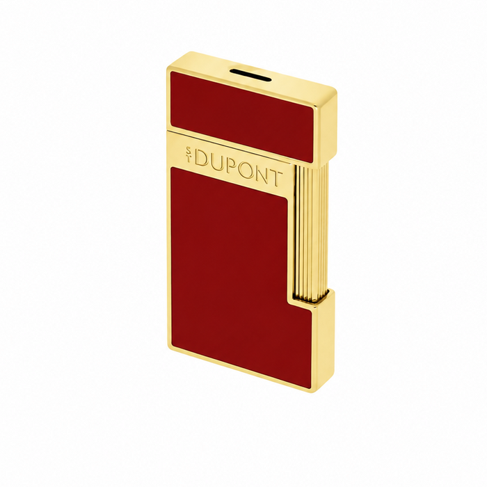 A gold and deep red lighter with the brand name 'S. T. DUPONT' engraved on the front. A premium  torch-flame lighter, perfect for cigar smoking. Model 028030