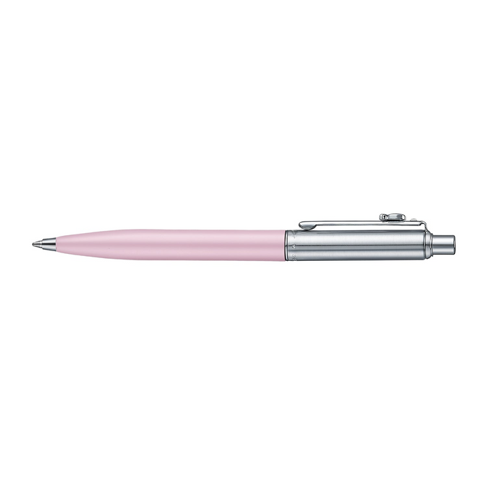 Sheaffer Sentinel matte pink ballpoint pen with polished chrome cap and trim, part of a Sheaffer Emily in Paris gift. Model G232151-4