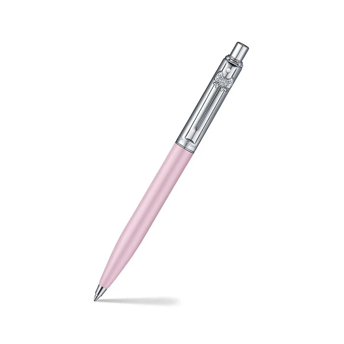 Sheaffer Sentinel matte pink ballpoint pen with polished chrome cap and trim, part of a Sheaffer Emily in Paris gift. Model G232151-4