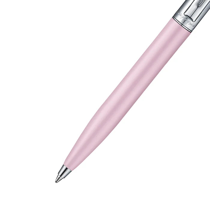 Forepart of a Sheaffer Sentinel matte pink ballpoint pen with polished chrome cap and trim, part of a Sheaffer Emily in Paris gift. Model G232151-4