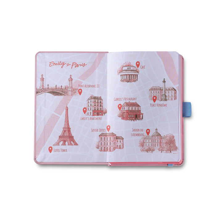 Open Sheaffer small hardbound pink notebook with Eiffel Tower design, part of the Sheaffer Emily in Paris gift set, model G232151-4