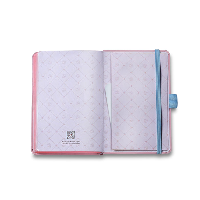 Open Sheaffer small hardbound pink notebook with Eiffel Tower design, part of the Sheaffer Emily in Paris gift set, model G232151-4