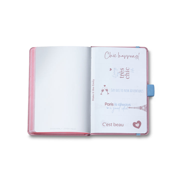 Open Sheaffer small hardbound pink notebook with Eiffel Tower design, part of the Sheaffer Emily in Paris gift set, model G232151-4