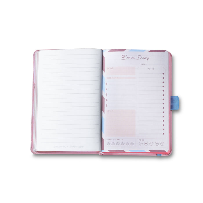 Open Sheaffer small hardbound pink notebook with Eiffel Tower design, part of the Sheaffer Emily in Paris gift set, model G232151-4