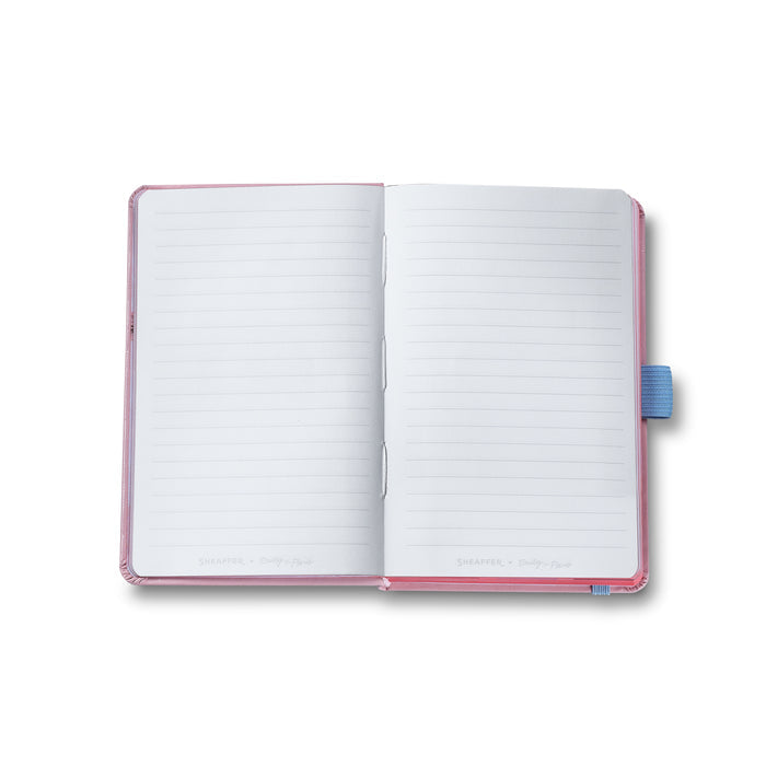 Open Sheaffer small hardbound pink notebook with Eiffel Tower design, part of the Sheaffer Emily in Paris gift set, model G232151-4