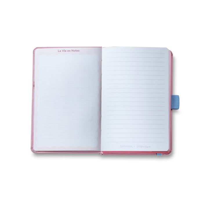 Open Sheaffer small hardbound pink notebook with Eiffel Tower design, part of the Sheaffer Emily in Paris gift set, model G232151-4