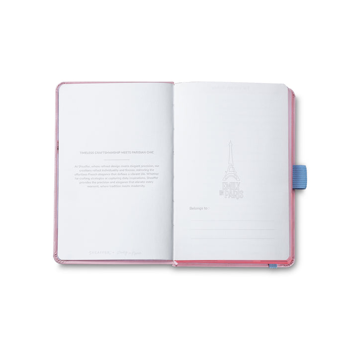 Open Sheaffer small hardbound pink notebook with Eiffel Tower design, part of the Sheaffer Emily in Paris gift set, model G232151-4