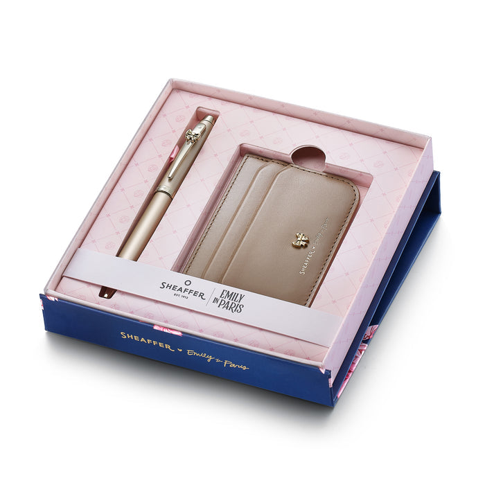Sheaffer 100 Emily in Paris Champagne Gold Ballpoint Pen with Champagne Gold Trim and Full-Grain Credit Card Holder