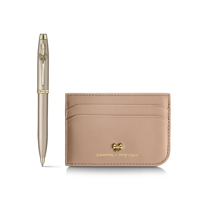 Sheaffer 100 Emily in Paris Champagne Gold Ballpoint Pen with Champagne Gold Trim and Full-Grain Credit Card Holder