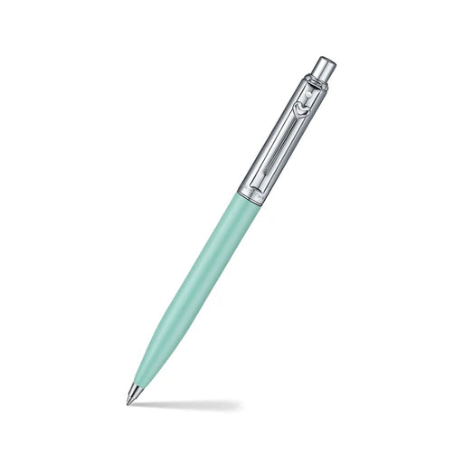 A slim Sheaffer Sentinel Emily in Paris ballpoint pen in a matte green finish with chrome plated trims and a heart-shape clip emblem. Model E232151