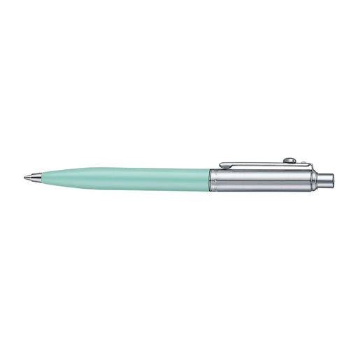 A slim Sheaffer Sentinel Emily in Paris ballpoint pen in a matte green finish with chrome plated trims and a heart-shape clip emblem. Model E232151