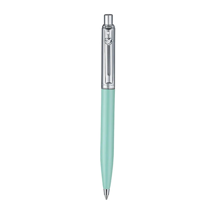 A slim Sheaffer Sentinel Emily in Paris ballpoint pen in a matte green finish with chrome plated trims and a heart-shape clip emblem. Model E232151