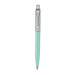 A slim Sheaffer Sentinel Emily in Paris ballpoint pen in a matte green finish with chrome plated trims and a heart-shape clip emblem. Model E232151