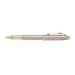 A sleek Sheaffer 100  Emily in Paris rollerball pen in a metallic champagne gold lacquer finish with champagne gold  trims and adorned with a bow-shaped emblem on the clip. Model E1937751