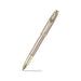 A sleek Sheaffer 100  Emily in Paris fountain pen in a metallic champagne gold lacquer finish with champagne gold  trims and adorned with a bow-shaped emblem on the clip . Model E0937753