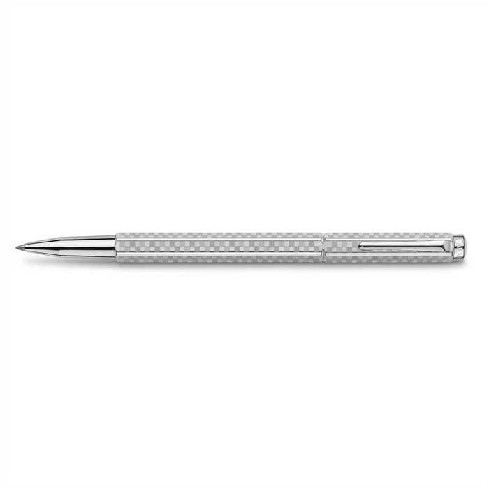 Caran d'Ache Ecridor Damier platinum-coated rollerball pen with a diamond-engraved checkered guilloche pattern. Model Caran d'Ache 838.566